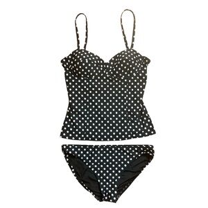 DKNY Swim Tankini 2 Piece Swimsuit Black and White Polka Dot Women’s Large